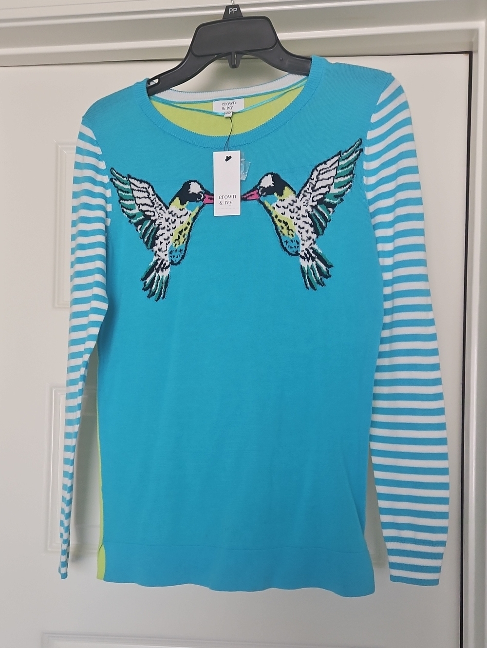 crown & ivy Turquoise Long-Sleeve Top with Hummingbird Embroidery